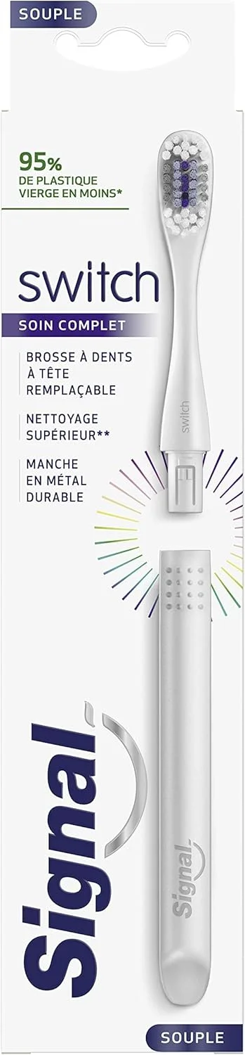 مسواک نرم سیگنال سوییچ Complete Care، دسته فلزی قابل استفاده مجدد، سرهای قابل تعویض 100% قابل بازیافت، مشکی یا نقره ای، کیت استارتر (دسته + سر) x1 مسواک نرم سیگنال سوییچ Complete Care، دسته فلزی قابل استفاده مجدد، سرهای قابل تعویض 100% قابل بازیافت، مشکی یا نقره ای، کیت استارتر (دسته + سر) x1