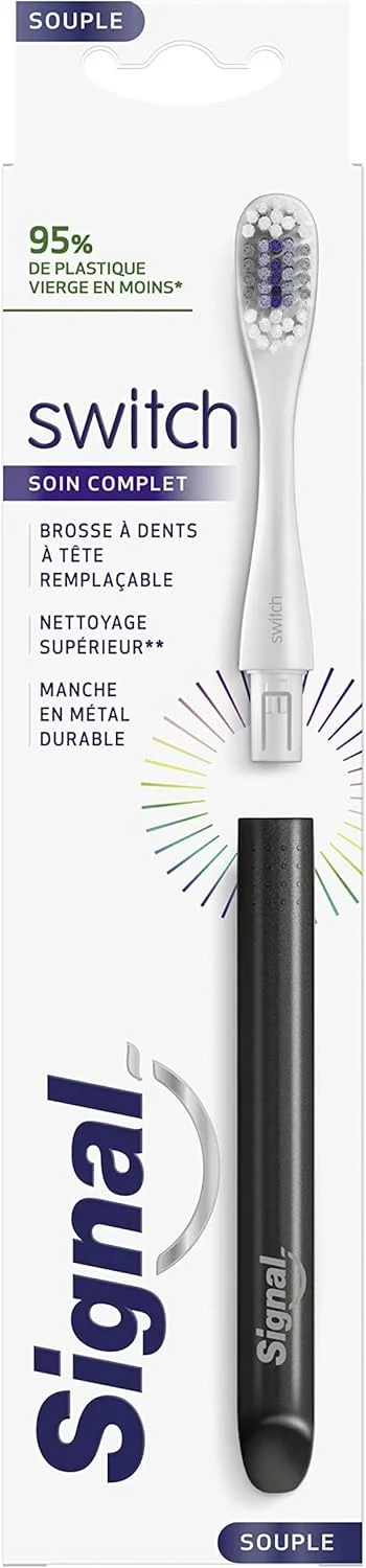 مسواک نرم سیگنال سوییچ Complete Care، دسته فلزی قابل استفاده مجدد، سرهای قابل تعویض 100% قابل بازیافت، مشکی یا نقره ای، کیت استارتر (دسته + سر) x1 مسواک نرم سیگنال سوییچ Complete Care، دسته فلزی قابل استفاده مجدد، سرهای قابل تعویض 100% قابل بازیافت، مشکی یا نقره ای، کیت استارتر (دسته + سر) x1