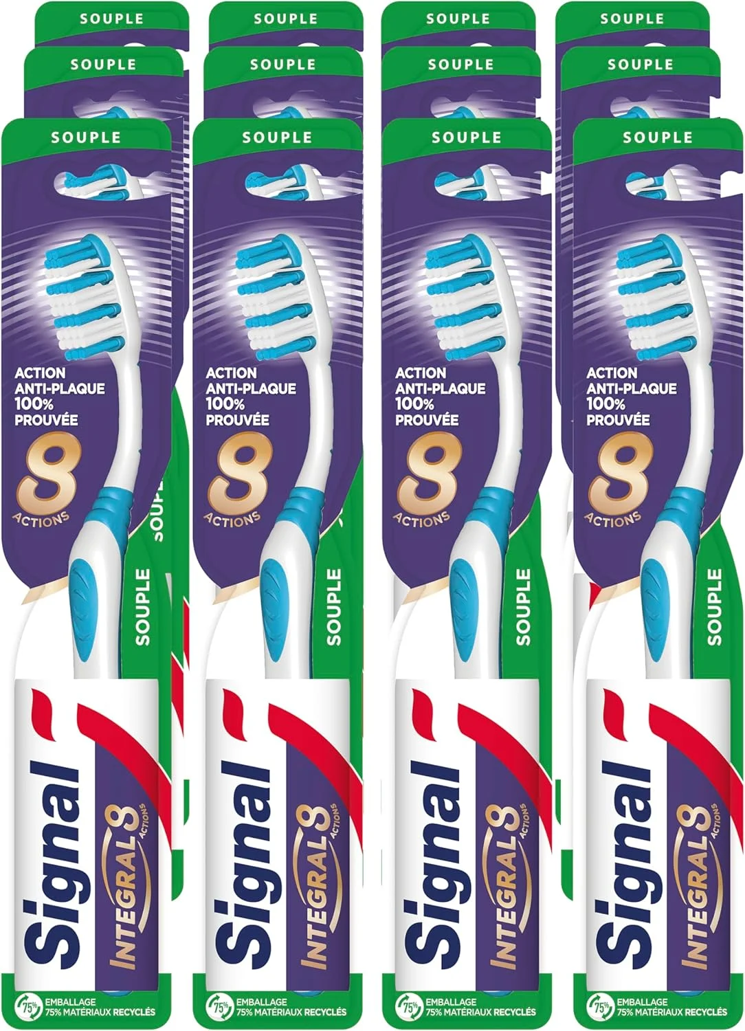 مسواک سیگنال اینتگرال 8، مراقبت کامل، نرم، اثر ضد پلاک، تمیز کننده بین دندانی، جلوگیری از پوسیدگی دندان، بسته 12 عددی