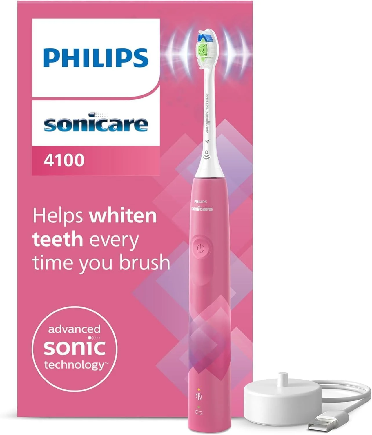 مسواک برقی فیلیپس Sonicare 4100، مسواک صوتی با دو حالت، حسگر فشار و تایمر، صورتی بهشتی منشوری، مدل HX3689/41