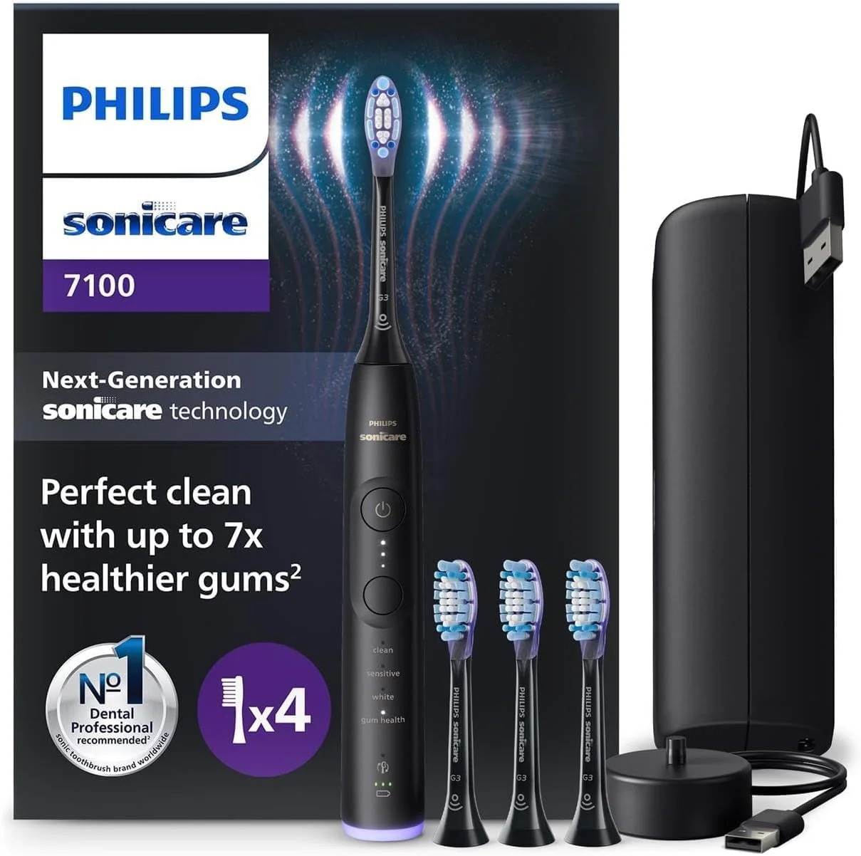 مسواک برقی فیلیپس Sonicare 7100، مسواک صوتی با اپلیکیشن، 4 حالت تمیز کردن و 3 سطح شدت، کنترل فشار، EasyStart، SmarTimer، مشکی، مدل HX7421/08 [تکنولوژی جدید]