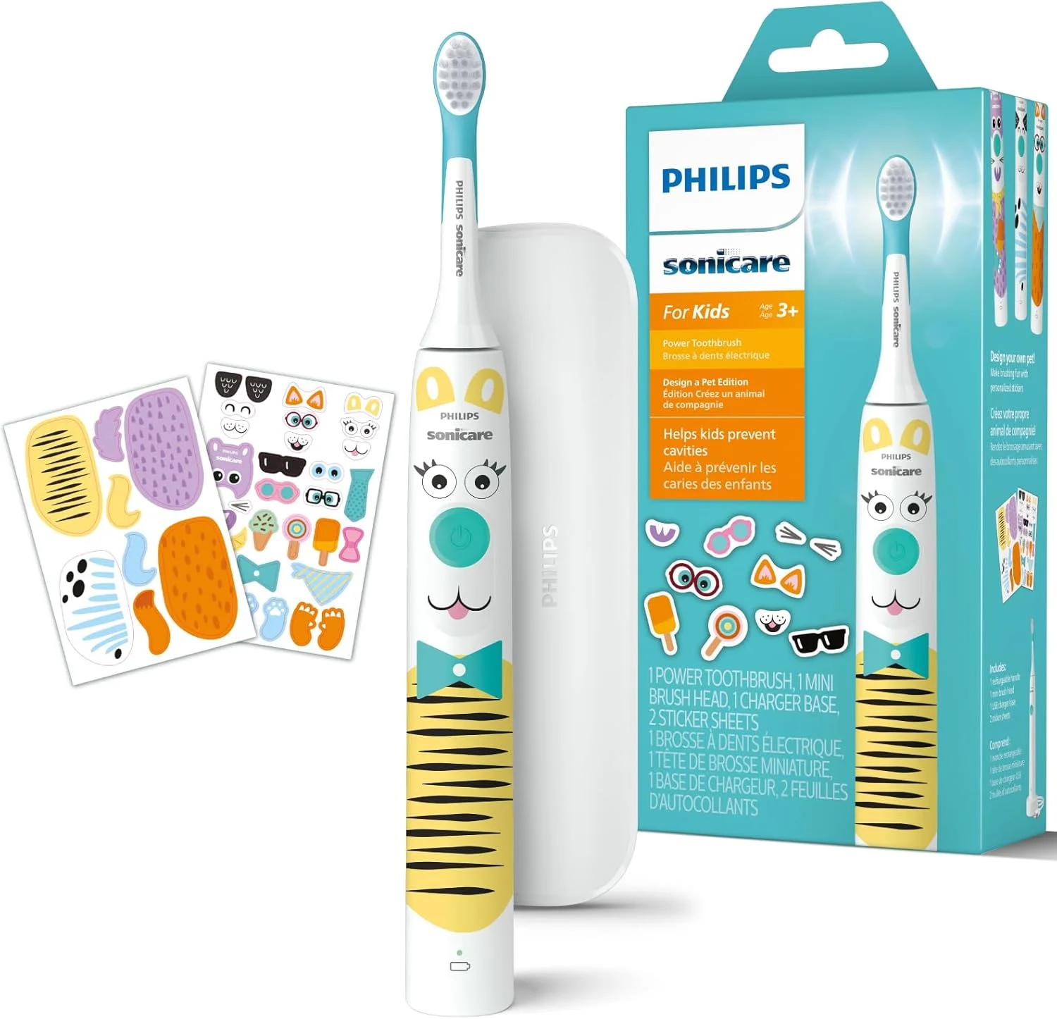 مسواک برقی کودک فیلیپس Sonicare - نسخه طراحی حیوانات خانگی، به همراه برچسب های با طرح حیوانات خانگی برای کودکان، کیف مسافرتی باریک و شارژر USB (مدل HX3603/01)