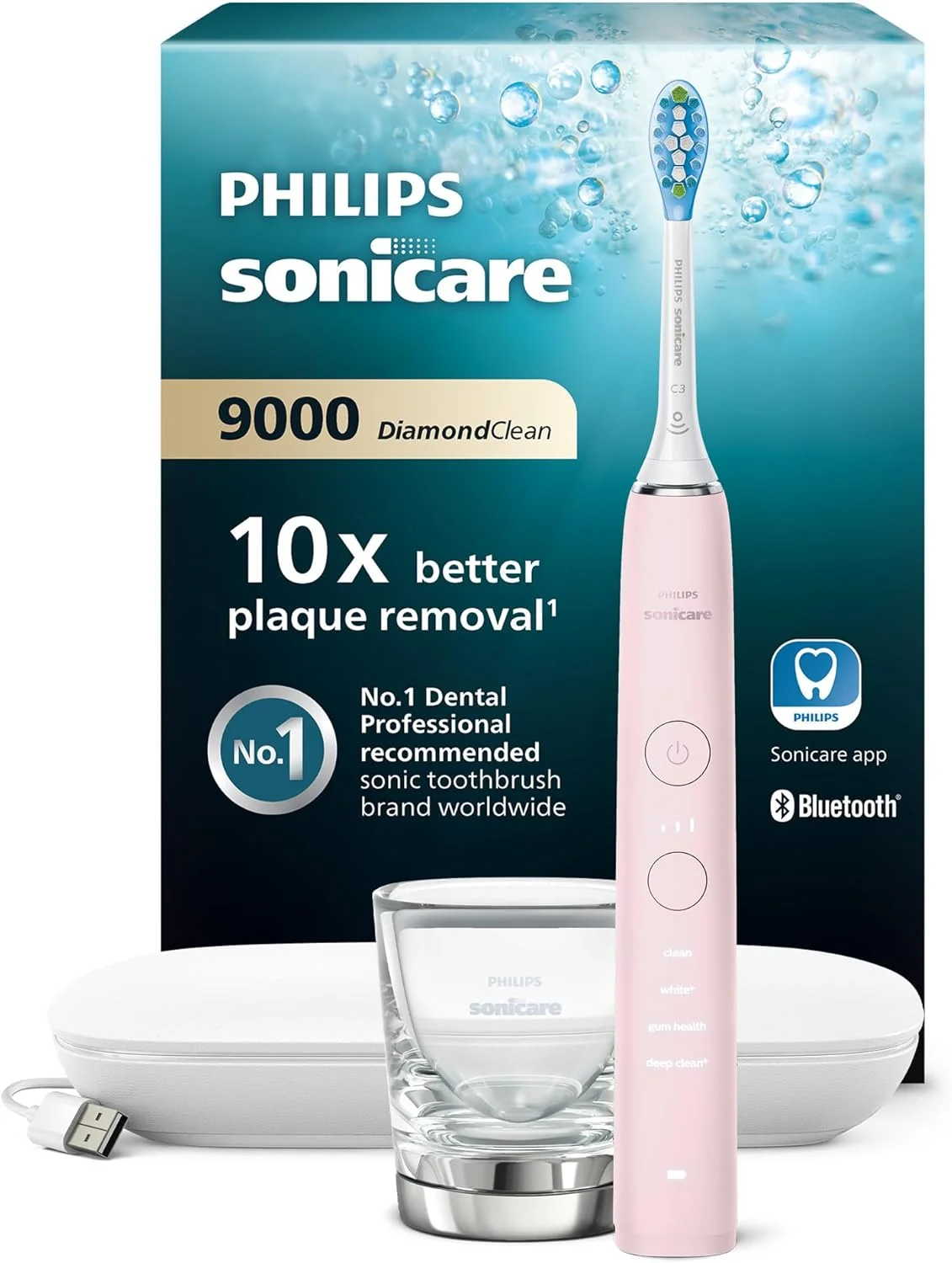 مسواک برقی سونیک فیلیپس Sonicare DiamondClean 9000 با اپلیکیشن، سنسور فشار، 4 حالت مسواک زدن، 3 سطح شدت، لیوان شارژ، کیف مسافرتی USB، HX9911/29
