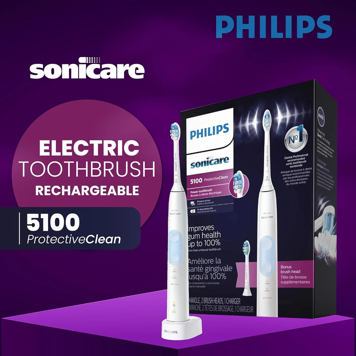 مسواک برقی فیلیپس Sonicare ProtectiveClean با برس کنترل پلاک، مسواک Sonicare قابل شارژ با سنسور فشار، مسواک صوتی فیلیپس، برس سلامت لثه