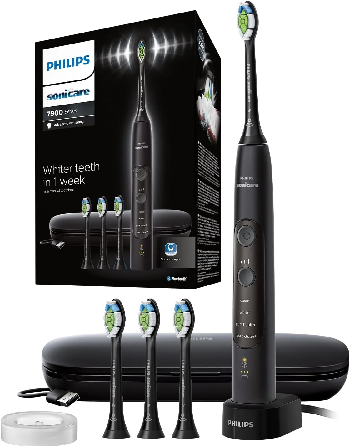 مسواک برقی شارژی PHILIPS Sonicare Advanced Whitening Edition، 4 حالت، 3 شدت، حسگر فشار لثه، بلوتوث، دوشاخه حمام 2 پین بریتانیا - مشکی - Hx9631/17