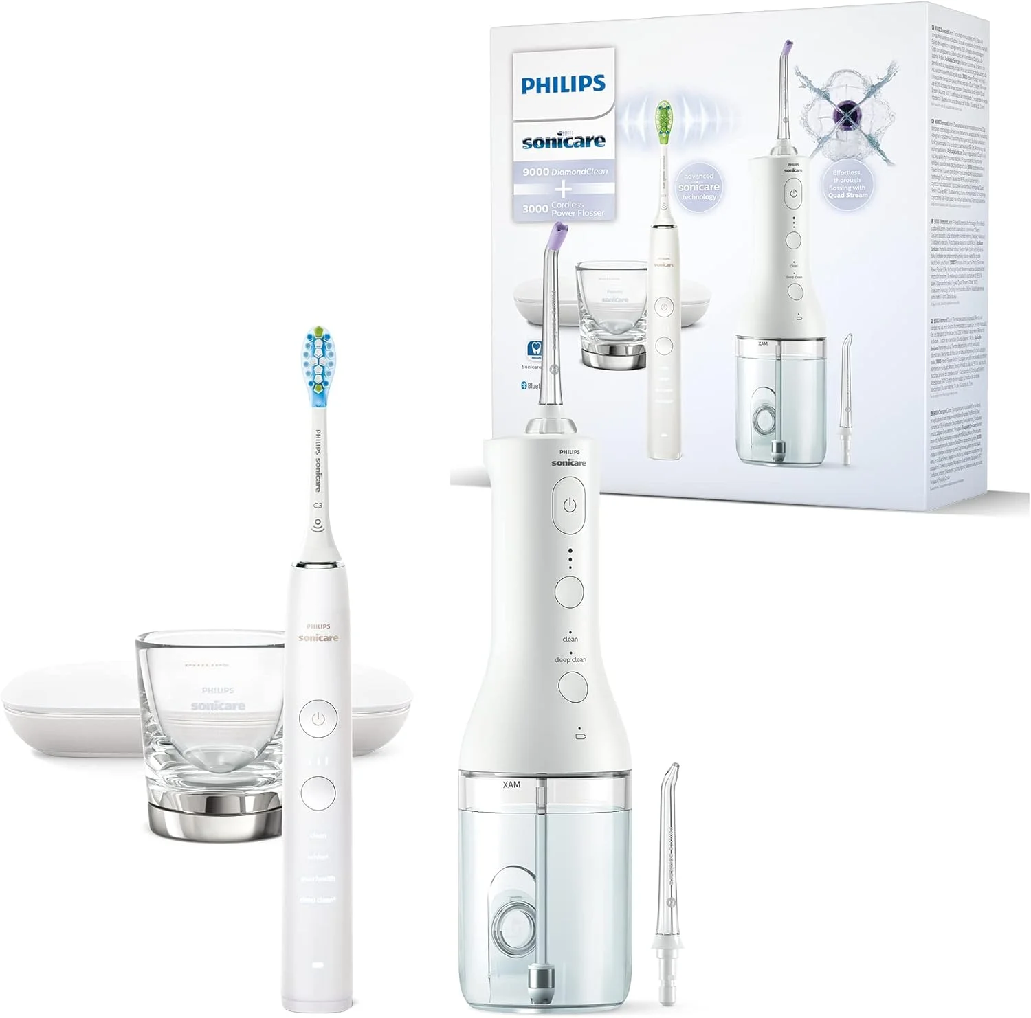 مسواک برقی فیلیپس Sonicare DiamondClean 9000 و نخ دندان برقی بی سیم - تمیز کننده دندان، لثه و از بین برنده پلاک، سفید (مدل HX3866/41)