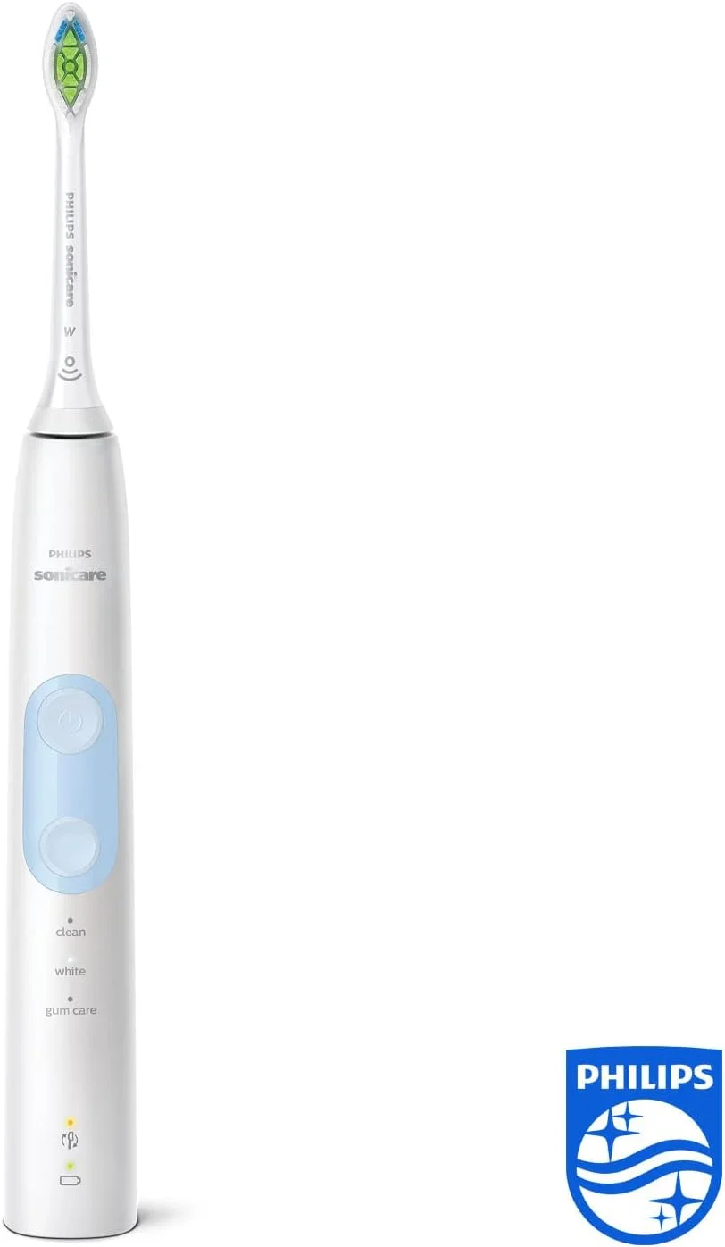 مسواک برقی فیلیپس Sonicare ProtectiveClean 5100، سفید/آبی روشن، با کیف مسافرتی، 3 حالت تمیز کردن و 2 عدد سری برس سفید کننده (دوشاخه حمام 2 پین بریتانیا) - HX6859/29