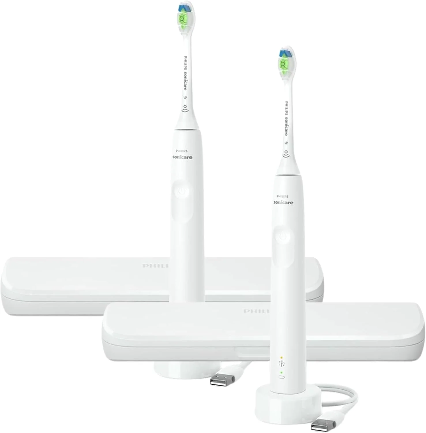 مسواک برقی فیلیپس Sonicare به همراه بسته 2 عددی سری DiamondClean، مسواک برقی قابل شارژ با حسگر فشار، مسواک الکترونیکی Sonic، کیف مسافرتی، سفید