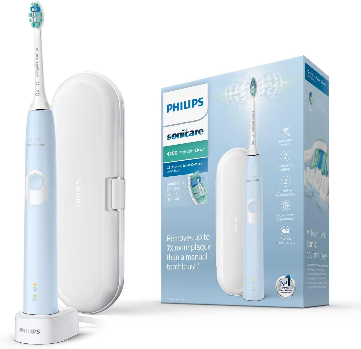 مسواک برقی فیلیپس Sonicare ProtectiveClean 4300 به همراه کیف مسافرتی - آبی روشن (دوشاخه حمام 2 پین بریتانیا) - HX6803/03
