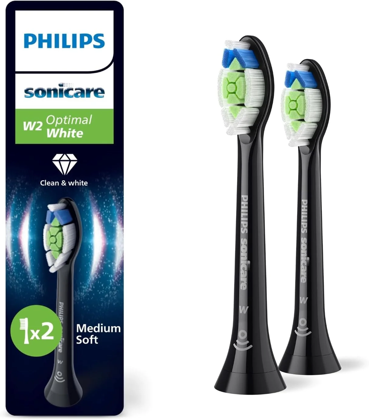 سری یدک مسواک برقی فیلیپس Sonicare W2 Optimal White، مشکی، بسته 2 عددی، HX6062/88