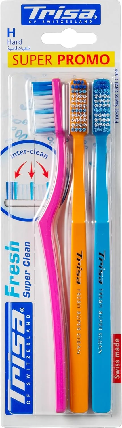 مسواک بزرگسال تریزا فرش سوپر کلین هارد با درپوش مسافرتی، ساخت سوئیس، بهترین مراقبت دهان و دندان سوئیسی، انتهای رشته های کاملا گرد، بسته متنوع 3 عددی.