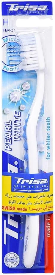 مسواک سخت Trisa Pearl White با درپوش مسافرتی، برای دندان های درخشان تر، رشته های سفید کننده با مرواریدهای آبی میکرو تمیز کننده، ساخت سوئیس، 1 عدد، متنوع