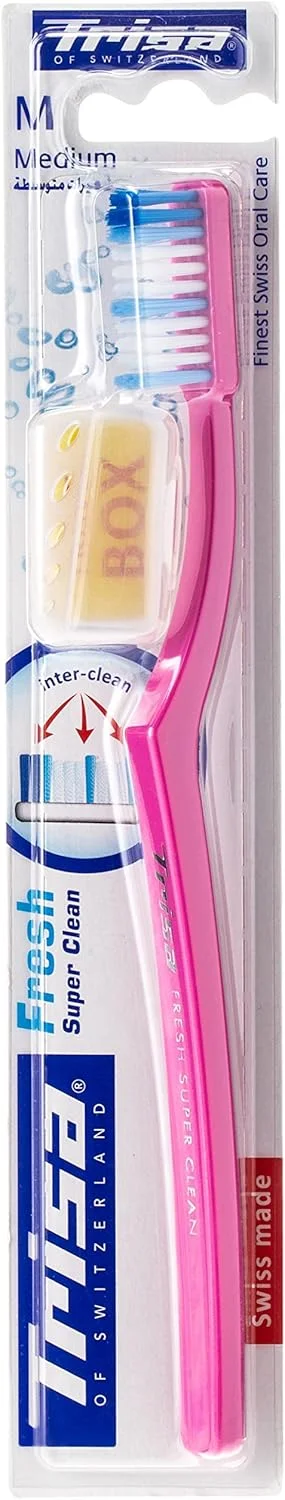 مسواک متوسط Trisa Fresh Super Clean با درپوش مسافرتی، ساخت سوئیس، بهترین مراقبت دهان و دندان سوئیسی، انتهای فیلامنت کاملاً گرد، مجموعه 1 عدد