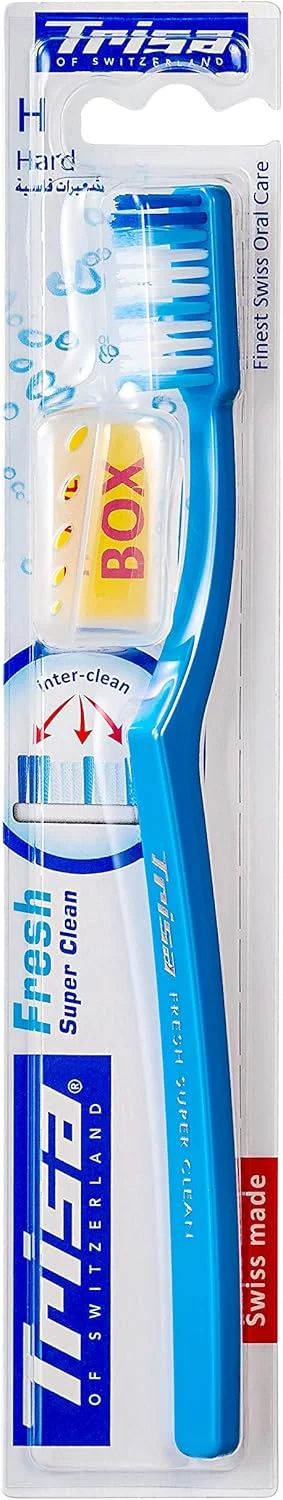 مسواک بزرگسال Trisa Fresh Super Clean Hard با درپوش مسافرتی، ساخت سوئیس، بهترین مراقبت دهان و دندان سوئیسی، انتهای رشته های کاملا گرد، مجموعه 1 عدد