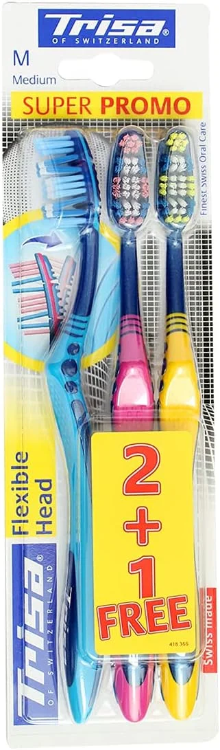 مسواک مدیوم سر انعطاف پذیر Trisa، مناسب بزرگسالان، بهترین مراقبت دهان و دندان سوئیسی، سوپر پروموشن (2+1)، سر انعطاف پذیر، دسته ارگونومیک، طراحی منحصر به فرد، رنگ های متنوع