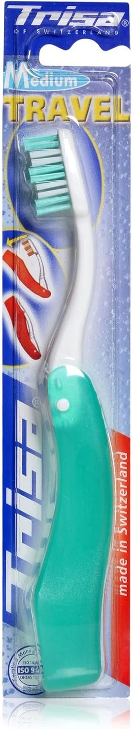 مسواک مسافرتی متوسط Trisa، مناسب برای سفر، مدرسه و کار، ساخت سوئیس، بهترین مراقبت دهان و دندان سوئیسی، متنوع، 1 عدد