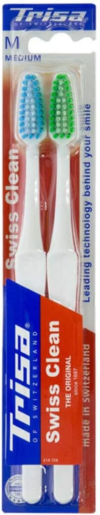 مسواک متوسط سوییسی تریزا کلین، سر برس جمع و جور، کیفیت سوییسی - رشته های کاملا گرد، رنگ های متنوع، 1+1 رایگان