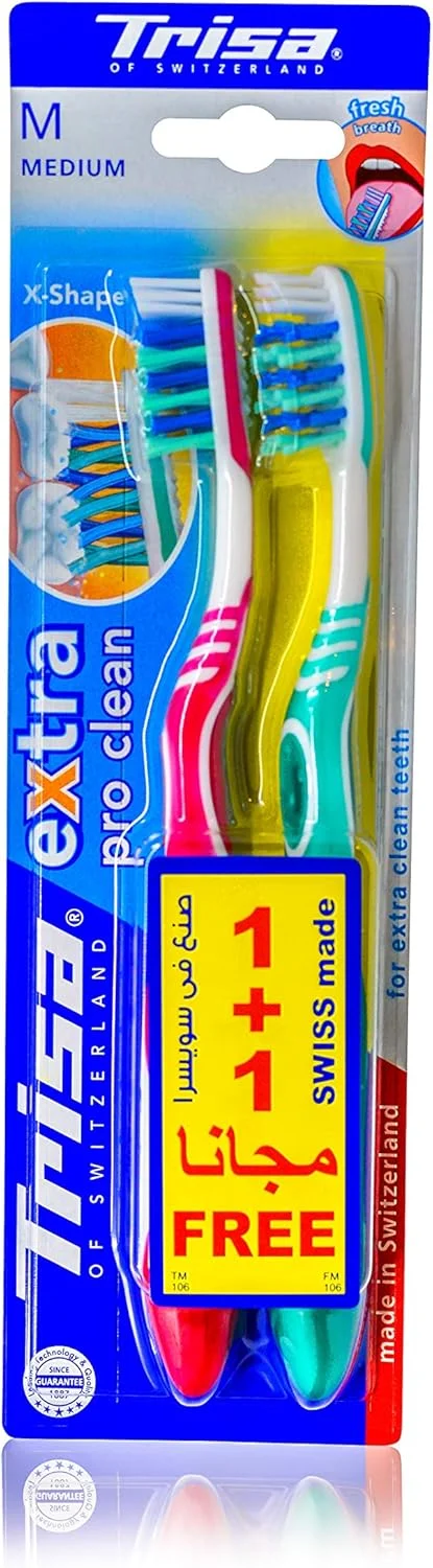مسواک متوسط بزرگسال تریزا پرو کلین با الیاف X شکل، بهترین مراقبت دهان و دندان سوئیسی، بسته 2 عددی، رنگ جور