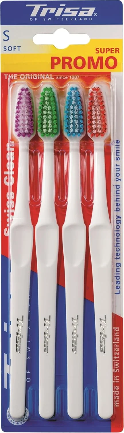مسواک نرم بزرگسال تریزا سوئیس کلین، سر برس جمع و جور، کیفیت سوئیسی - رشته های کاملا گرد، رنگ های متنوع، 2+2 رایگان