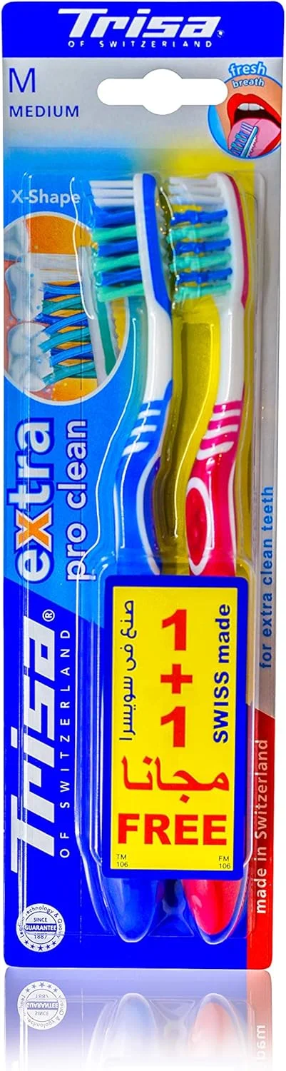 مسواک متوسط بزرگسال تریزا پرو کلین با الیاف X شکل، بهترین مراقبت دهان و دندان سوئیسی، بسته 2 عددی، رنگ جور