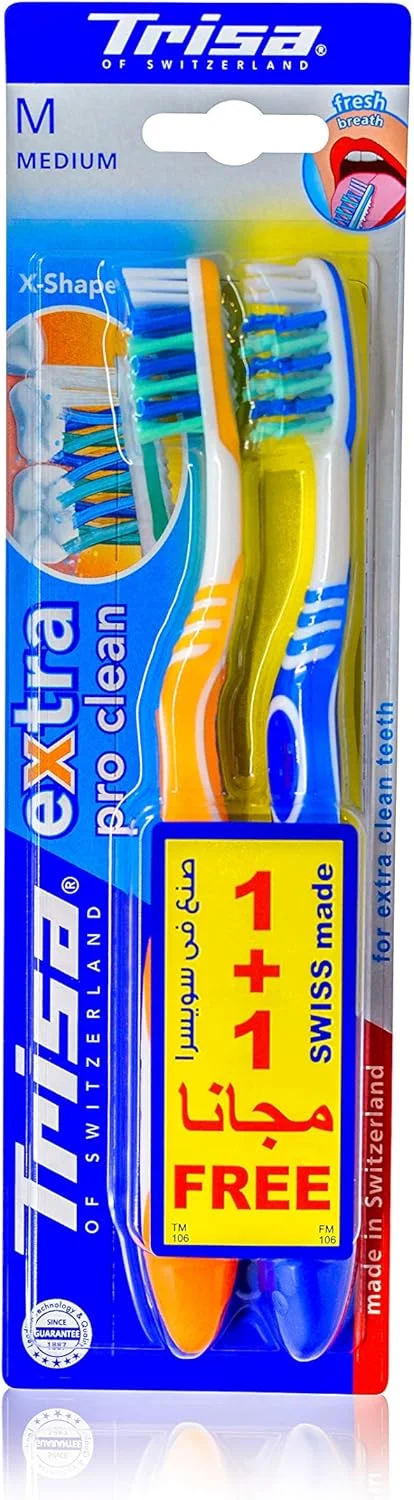 مسواک متوسط بزرگسال تریزا پرو کلین با الیاف X شکل، بهترین مراقبت دهان و دندان سوئیسی، بسته 2 عددی، رنگ جور