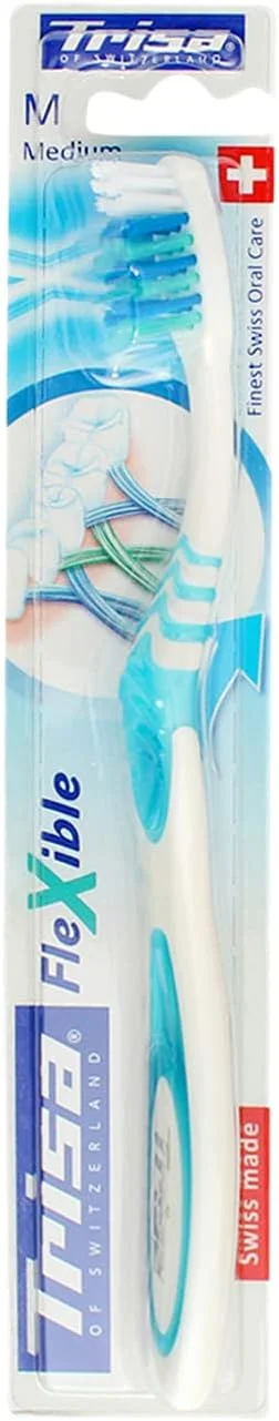 مسواک مدیوم انعطاف پذیر تریزا، بهترین مراقبت دهان و دندان سوئیسی، مناسب بزرگسالان، ملایم روی دندان ها و لثه ها، برس های نرم، رنگ های متنوع، 1 عدد