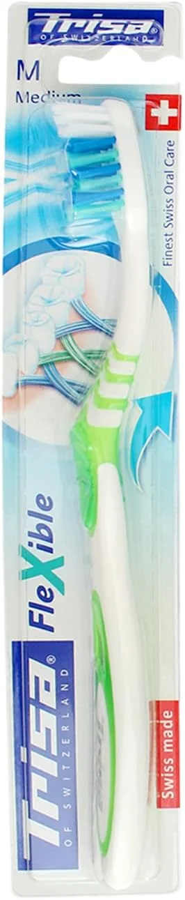 مسواک مدیوم انعطاف پذیر تریزا، بهترین مراقبت دهان و دندان سوئیسی، مناسب بزرگسالان، ملایم روی دندان ها و لثه ها، برس های نرم، رنگ های متنوع، 1 عدد