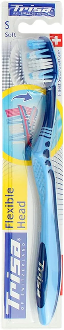 مسواک نرم با سر انعطاف پذیر Trisa، بزرگسال، بهترین مراقبت دهان و دندان سوئیسی، دسته ارگونومیک، طراحی منحصر به فرد، رنگ های متنوع، 1 عدد