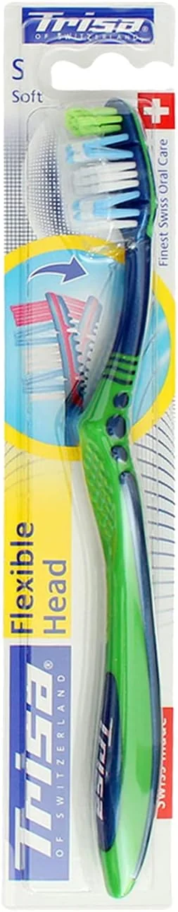 مسواک نرم با سر انعطاف پذیر Trisa، بزرگسال، بهترین مراقبت دهان و دندان سوئیسی، دسته ارگونومیک، طراحی منحصر به فرد، رنگ های متنوع، 1 عدد
