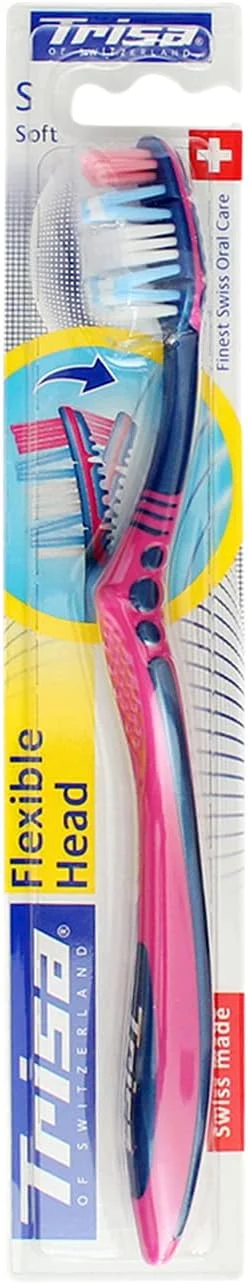 مسواک نرم با سر انعطاف پذیر Trisa، بزرگسال، بهترین مراقبت دهان و دندان سوئیسی، دسته ارگونومیک، طراحی منحصر به فرد، رنگ های متنوع، 1 عدد