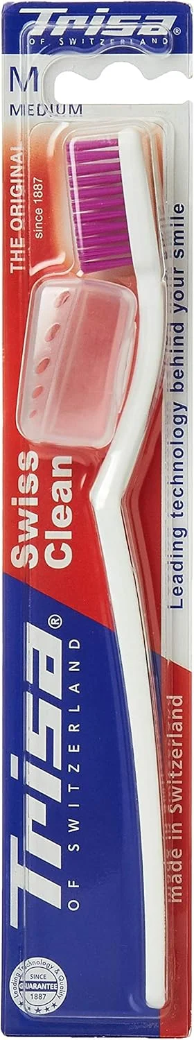 مسواک متوسط سوییسی Trisa Clean، سر برس جمع و جور، کیفیت سوییسی - رشته های کاملا گرد، با درپوش مسافرتی، رنگ های متنوع، 1 عدد