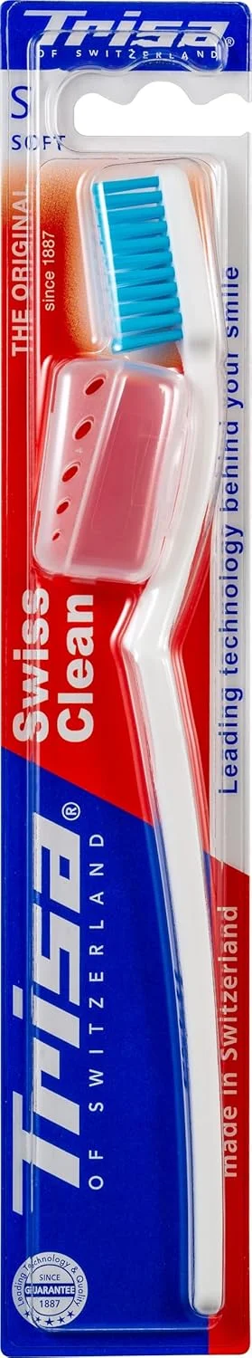 مسواک نرم بزرگسال Trisa Swiss Clean، سر برس فشرده، کیفیت سوئیسی - رشته های کاملا گرد، با درپوش مسافرتی، رنگ های متنوع، 2+2 1 عدد