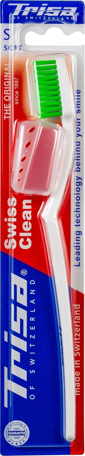 مسواک نرم بزرگسال Trisa Swiss Clean، سر برس فشرده، کیفیت سوئیسی - رشته های کاملا گرد، با درپوش مسافرتی، رنگ های متنوع، 2+2 1 عدد