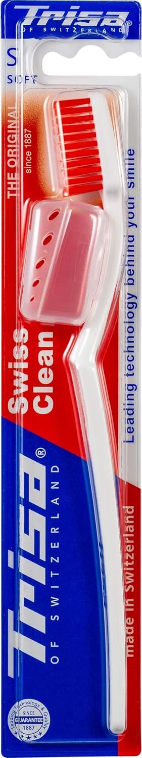 مسواک نرم بزرگسال Trisa Swiss Clean، سر برس فشرده، کیفیت سوئیسی - رشته های کاملا گرد، با درپوش مسافرتی، رنگ های متنوع، 2+2 1 عدد