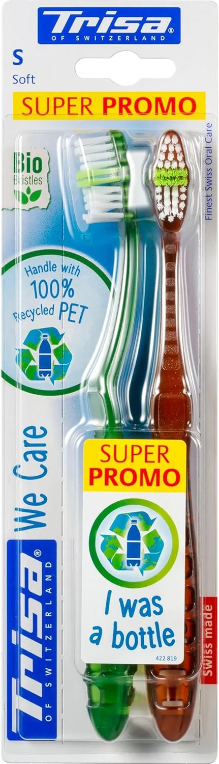 تریسا وی کر دوئو - مسواک نرم، دسته شیک و صرفه جویی در مواد ساخته شده با 100% PET بازیافتی، برس بیو، مراقبت دهانی سوئیسی، 2 عدد