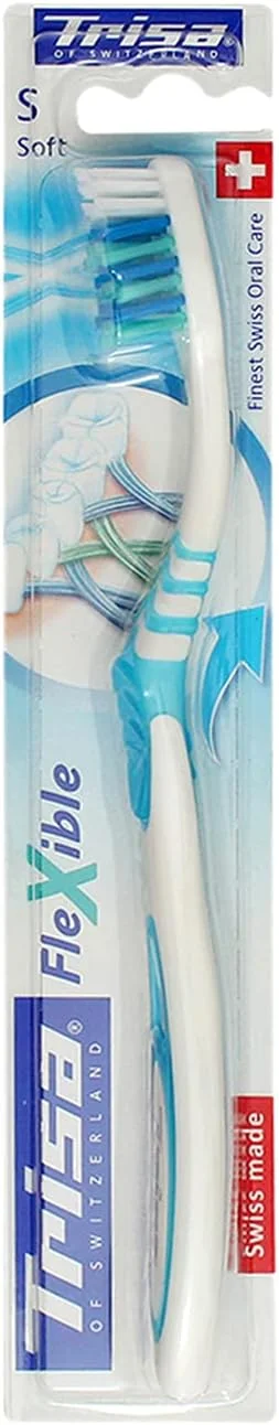 مسواک نرم و انعطاف پذیر Trisa، بهترین مراقبت دهان و دندان سوئیسی، مناسب بزرگسالان، ملایم بر روی دندان ها و لثه ها، برس های نرم، رنگ های متنوع، 1 عدد