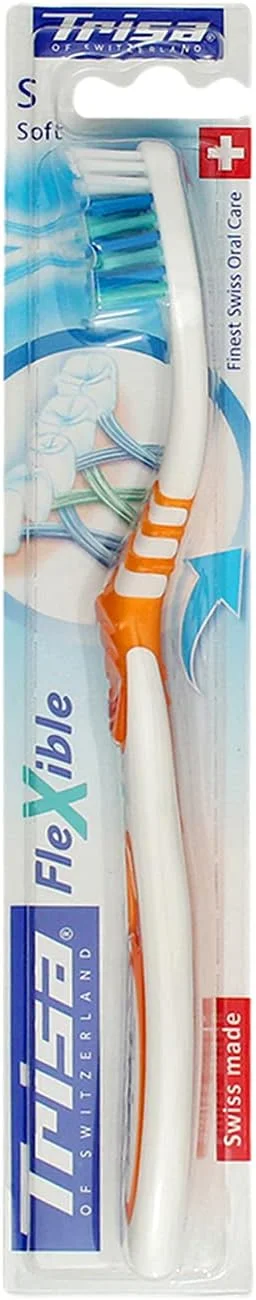 مسواک نرم و انعطاف پذیر Trisa، بهترین مراقبت دهان و دندان سوئیسی، مناسب بزرگسالان، ملایم بر روی دندان ها و لثه ها، برس های نرم، رنگ های متنوع، 1 عدد