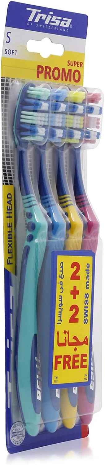 مسواک نرم بزرگسال تریسا با سر انعطاف پذیر، بهترین مراقبت دهان و دندان سوئیسی، دسته ارگونومیک، طراحی منحصر به فرد، رنگ های متنوع (بسته 4 عددی)