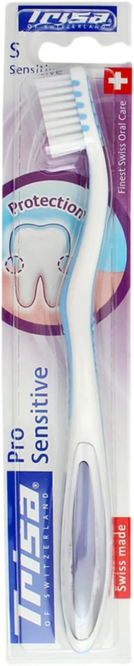 مسواک Trisa Pro Sensitive با برس های بسیار نرم، تمیز کردن موثر دندان های حساس، بهترین مراقبت دهان و دندان سوئیسی، مسواک بزرگسال، 1 عدد، رنگ جور