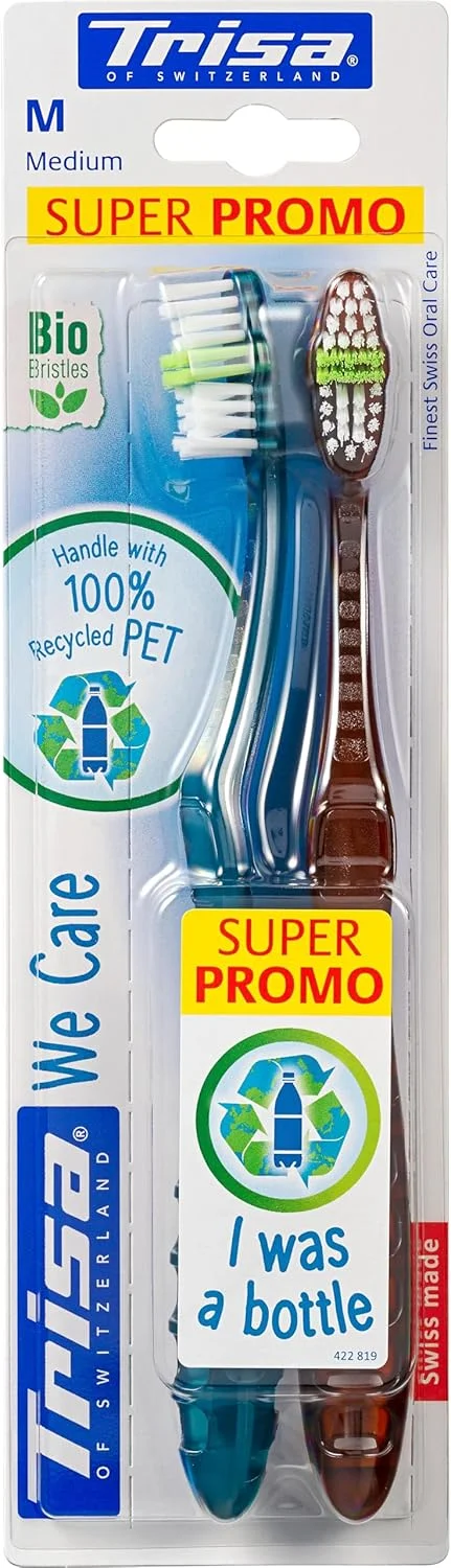 تریسا وی کر دو - مسواک مدیوم، دسته شیک و صرفه جویی در مواد ساخته شده با 100% PET بازیافتی، برس های زیستی، بهترین مراقبت دهان و دندان سوئیسی، 2 عدد