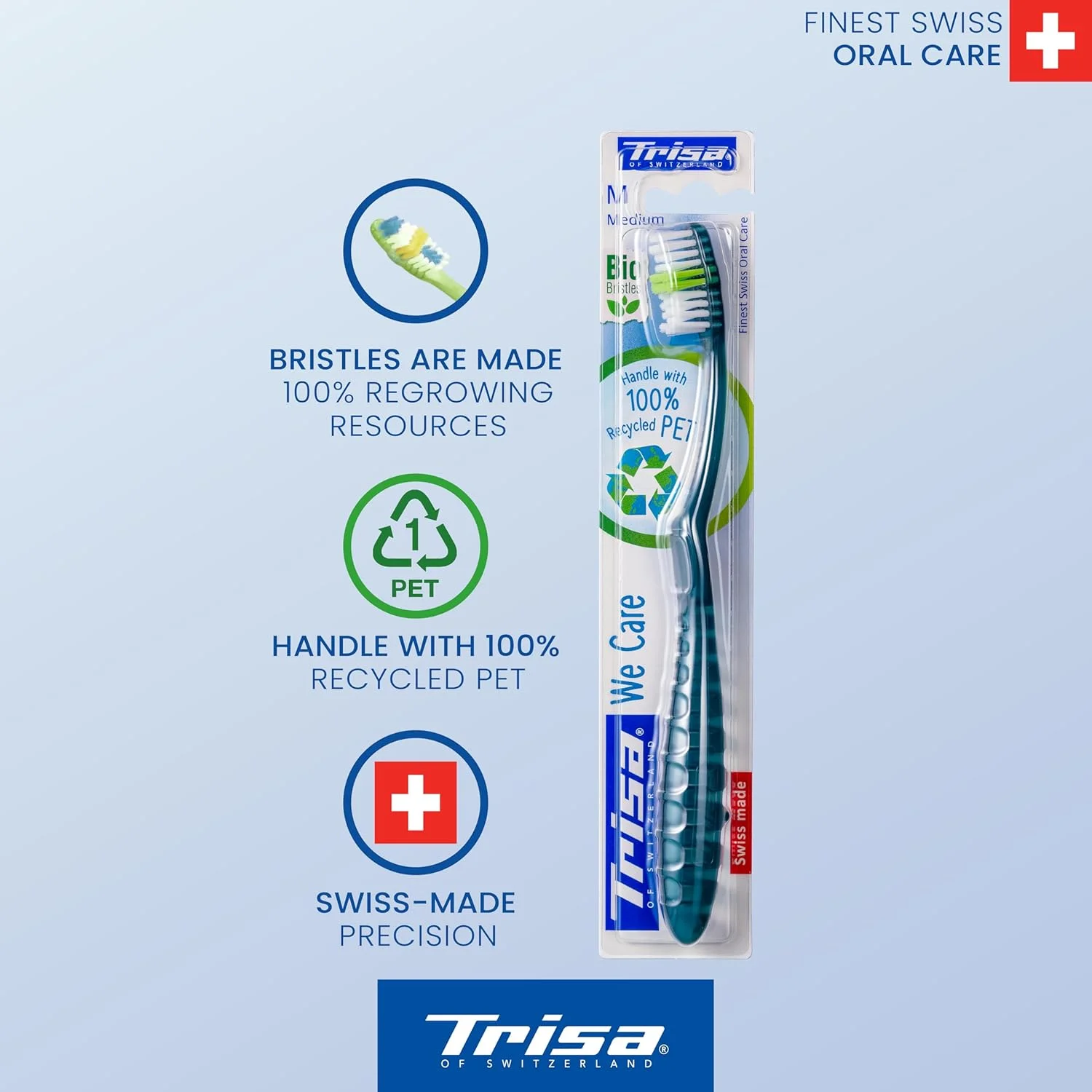 تریسا وی کر دو - مسواک مدیوم، دسته شیک و صرفه جویی در مواد ساخته شده با 100% PET بازیافتی، برس های زیستی، بهترین مراقبت دهان و دندان سوئیسی، 2 عدد