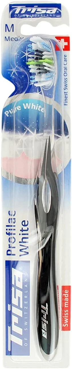 مسواک بزرگسال متوسط Trisa Profilac سفید، بهترین مراقبت دهان و دندان سوئیسی، نوک ظریف بسیار نرم، سر برس جمع و جور، طراحی دسته زیبا، بزرگسال، 1 عدد. متنوع