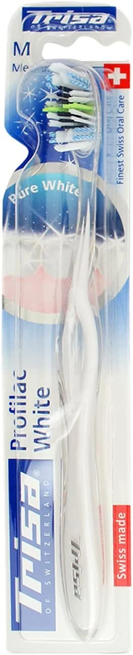 مسواک بزرگسال متوسط Trisa Profilac سفید، بهترین مراقبت دهان و دندان سوئیسی، نوک ظریف بسیار نرم، سر برس جمع و جور، طراحی دسته زیبا، بزرگسال، 1 عدد. متنوع