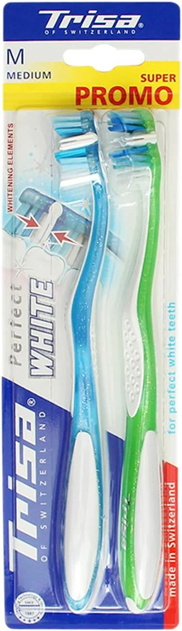 مسواک تریزا Perfect White با برس متوسط، دارای عناصر سفید کننده منحصر به فرد، بهترین مراقبت دهان و دندان سوئیسی، مناسب بزرگسالان، 2 عدد در بسته بندی متنوع