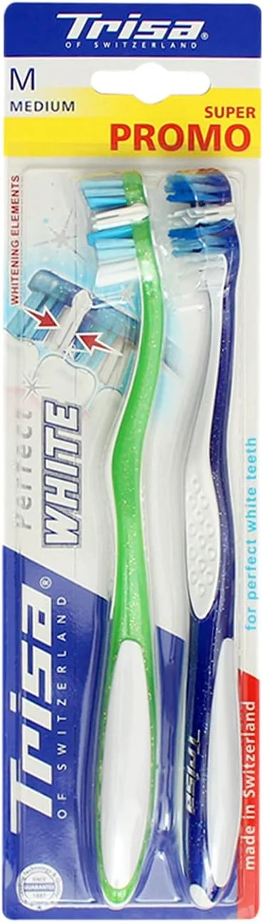 مسواک تریزا Perfect White با برس متوسط، دارای عناصر سفید کننده منحصر به فرد، بهترین مراقبت دهان و دندان سوئیسی، مناسب بزرگسالان، 2 عدد در بسته بندی متنوع