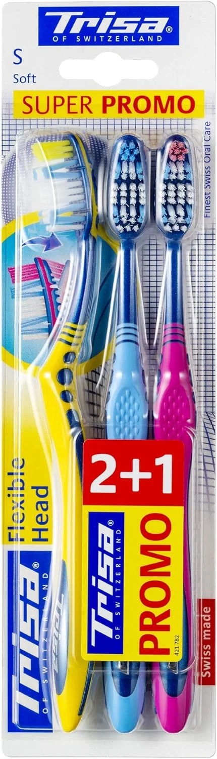 مسواک سر انعطاف پذیر نرم تریزا، بزرگسال، بهترین مراقبت دهان و دندان سوئیسی، سوپر پروموشن (2+1)، سر انعطاف پذیر، دسته ارگونومیک، طراحی منحصر به فرد، رنگ های متنوع