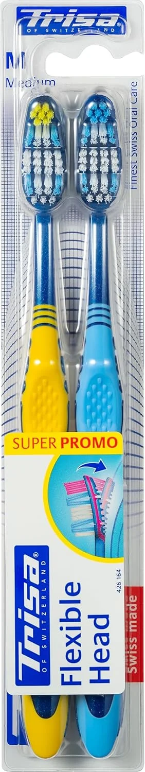 مسواک بزرگسال تریزا با سر انعطاف پذیر و برس متوسط، بهترین مراقبت دهان و دندان سوئیسی، دسته ارگونومیک، طراحی منحصر به فرد، رنگ های متنوع، 1 عدد