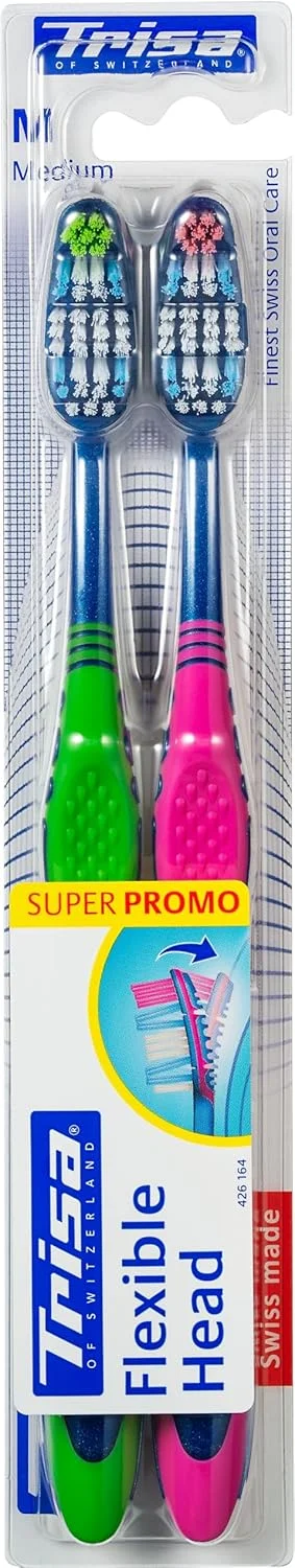 مسواک بزرگسال تریزا با سر انعطاف پذیر و برس متوسط، بهترین مراقبت دهان و دندان سوئیسی، دسته ارگونومیک، طراحی منحصر به فرد، رنگ های متنوع، 1 عدد