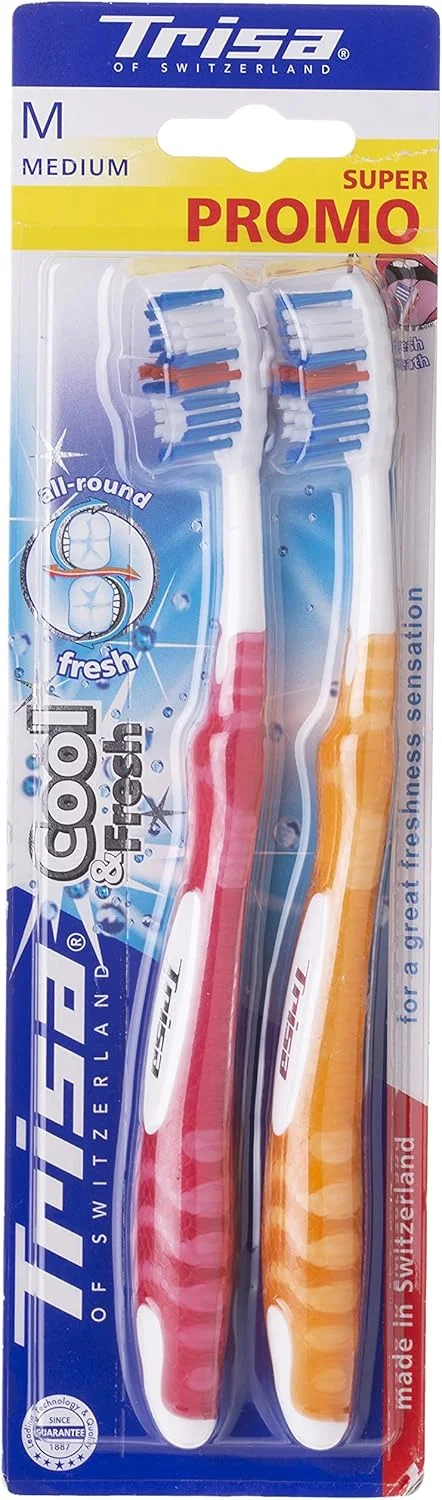مسواک متوسط تریزا کول فرش با درپوش مسافرتی، بهترین مراقبت دهان و دندان سوئیسی، برس فوق العاده نرم و انعطاف پذیر - بسته 2 عددی، جور شده