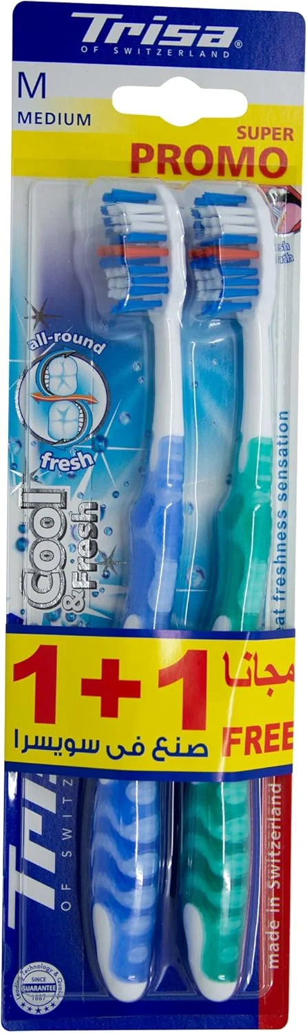 مسواک متوسط تریزا کول فرش با درپوش مسافرتی، بهترین مراقبت دهان و دندان سوئیسی، برس فوق العاده نرم و انعطاف پذیر - بسته 2 عددی، جور شده